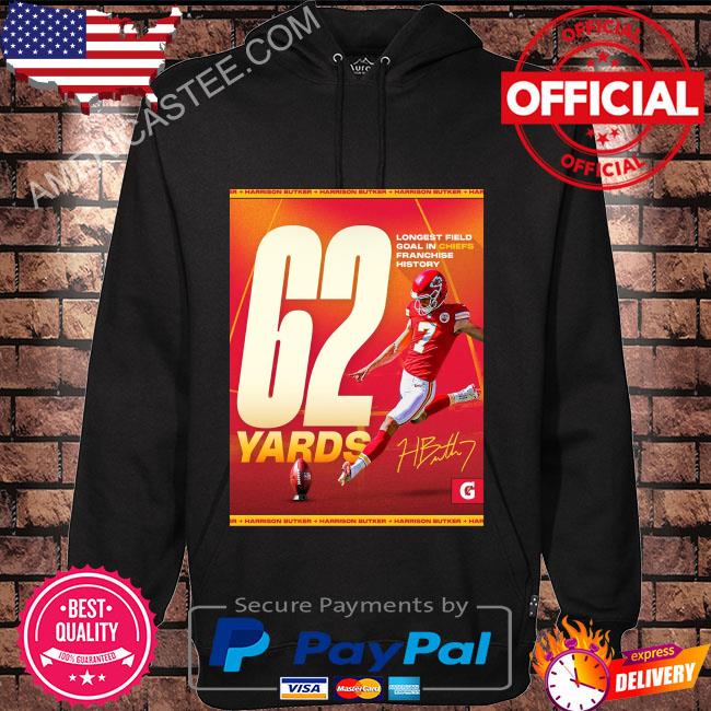 Kansas city Chiefs harrison butker 62 yards longest field goal in Chiefs  franchise history shirt, hoodie, sweater, long sleeve and tank top