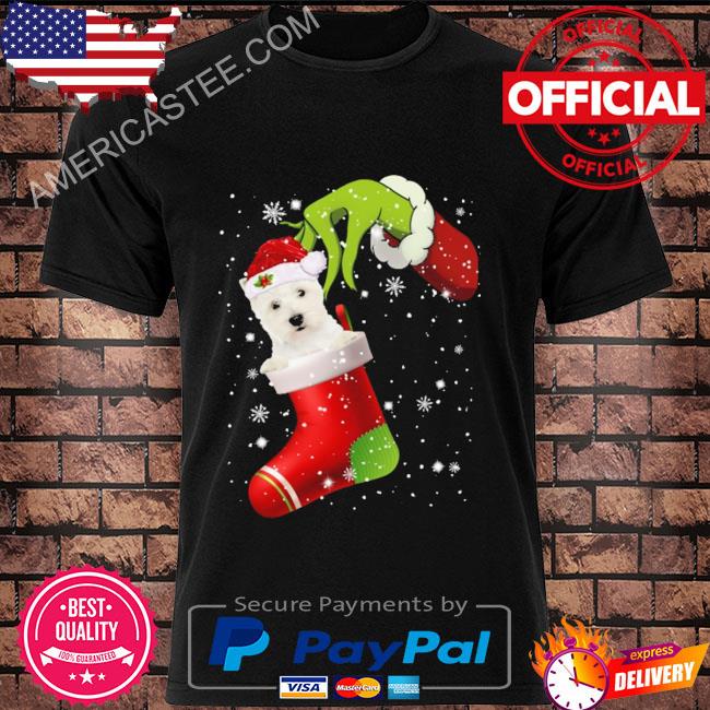 The grinch hand santa highland white terrier 2022 Christmas sweater