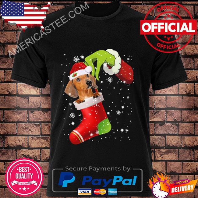 The grinch hand santa red dachshund 2022 Christmas sweater