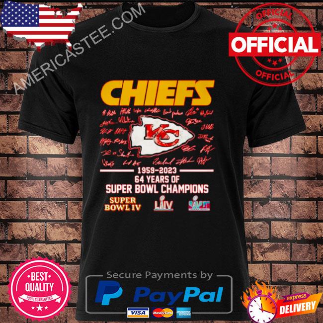 Kansas City Chiefs 1959 – 2023 64 Years Of Super Bowl Champions Super Bowl IV Signatures Shirt
